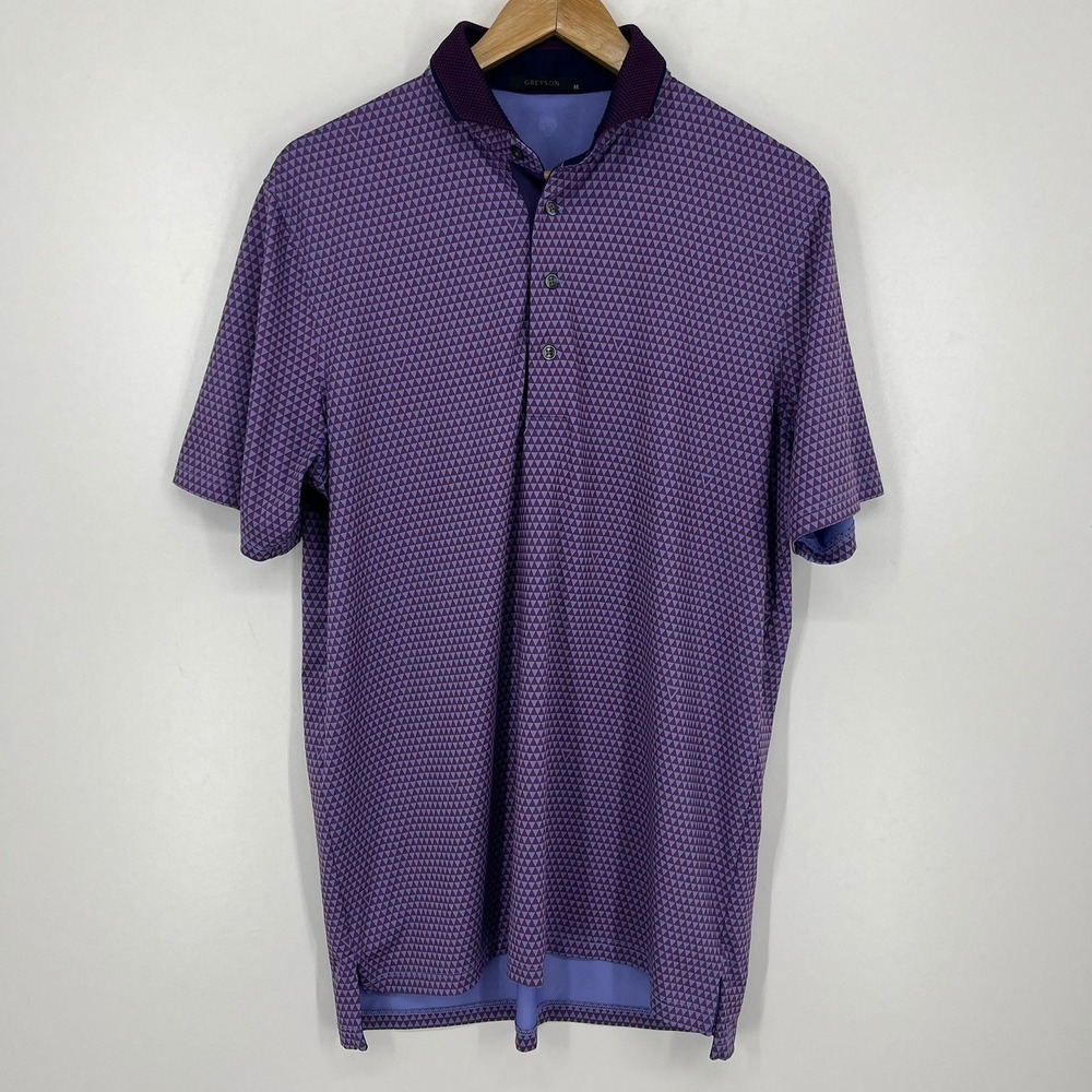 Greyson Mens Purple Geometric Triangle Print Performance Golf Polo‎ Shirt Size M